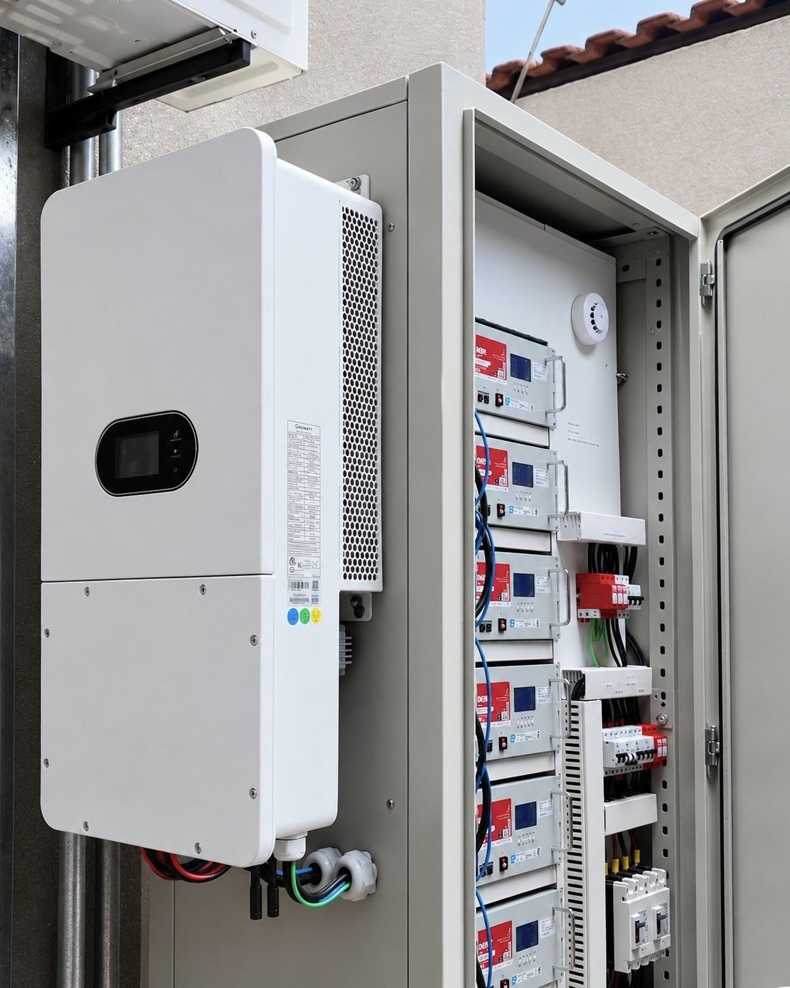 Open solar battery storage cabinet showing battery modules, electrical wiring and protection components.