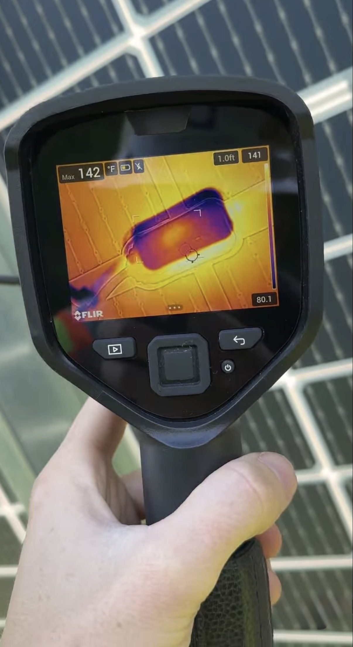 Thermal imaging camera used to inspect solar panel temperatures and identify potential overheating issues.