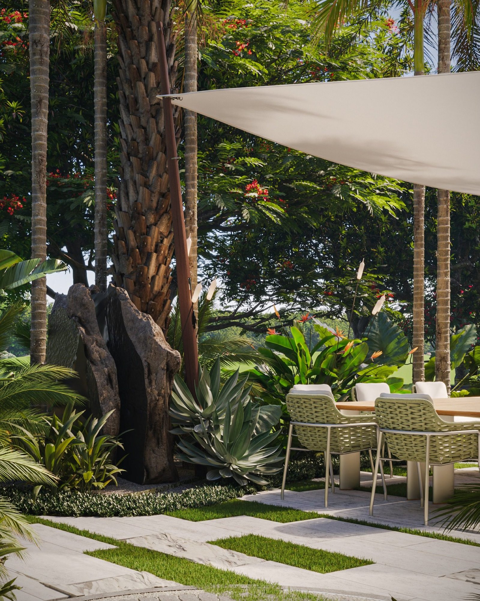 Outdoor living area with tropical landscaping for a villa in Phuket
