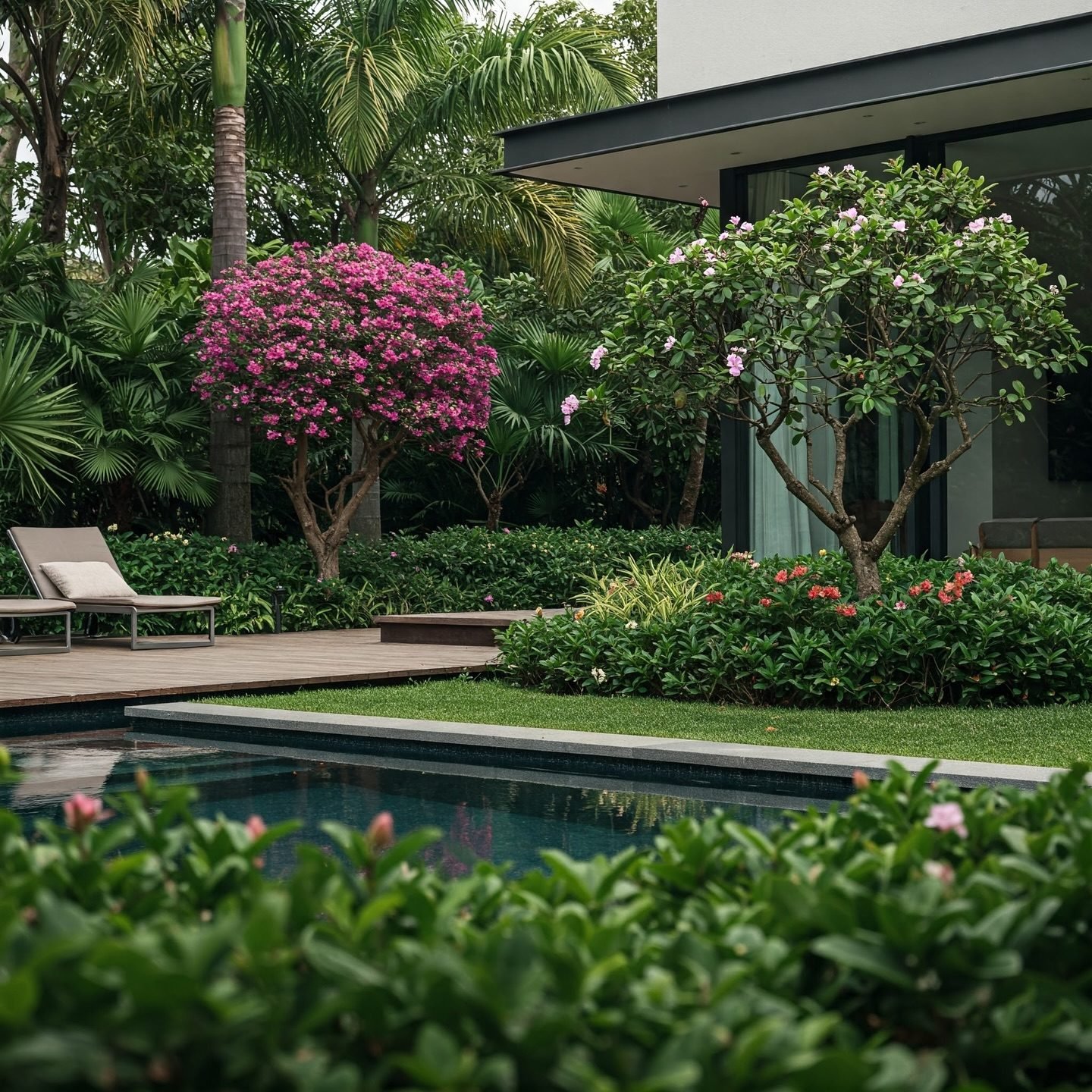 Tropical garden landscaping around a villa pool in Phuket