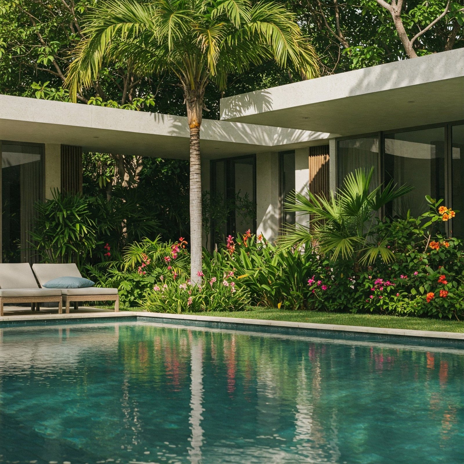 Trees and tropical plants, providing privacy landscaping around a villa pool