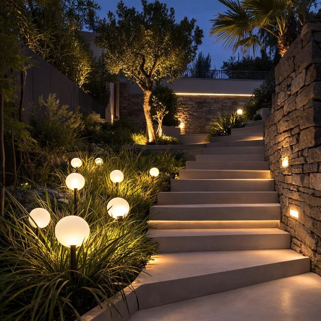 Renovated tropical garden with landscape lightning and steps in Phuket
