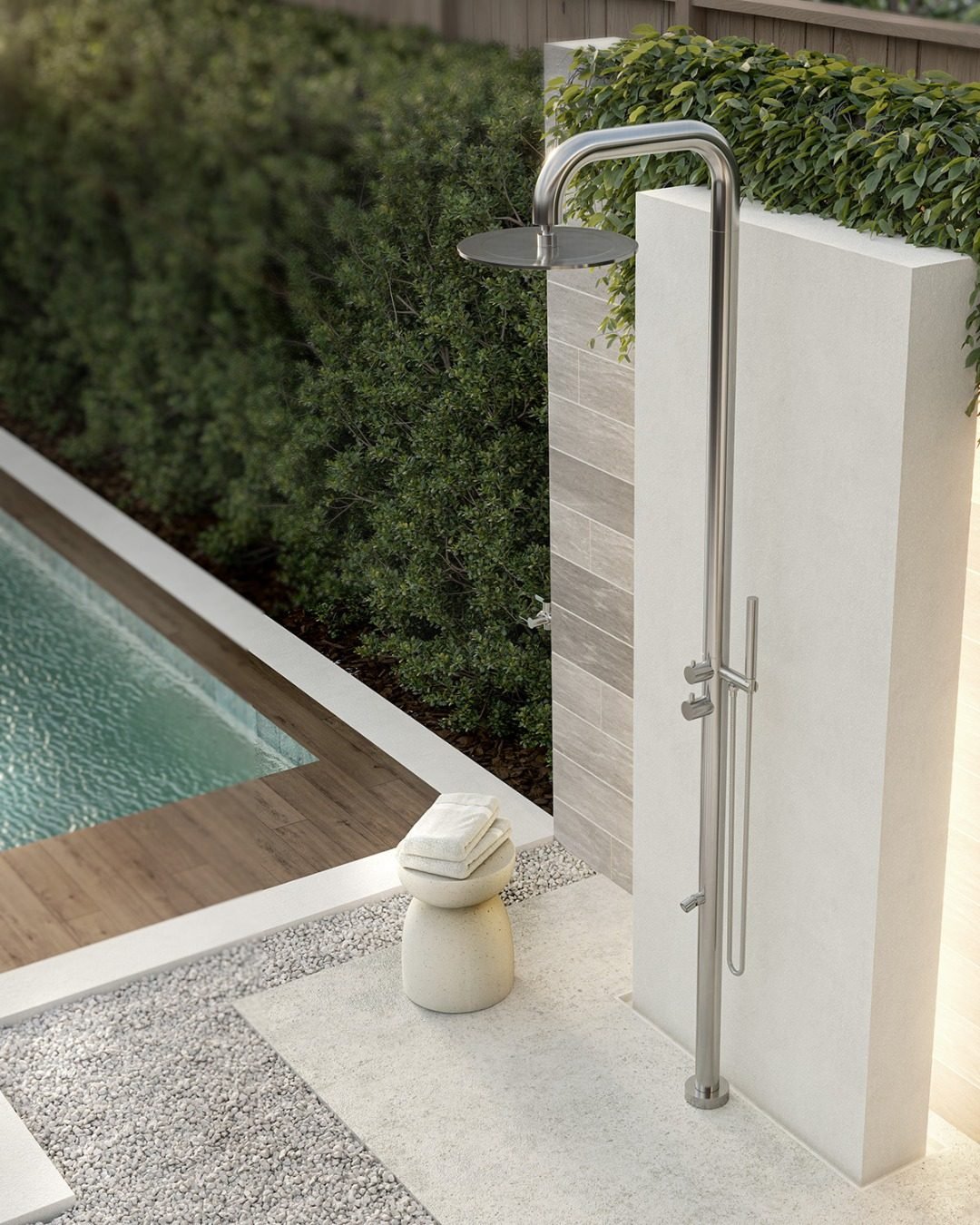 Outdoor swimming pool shower and pool side features in phuket