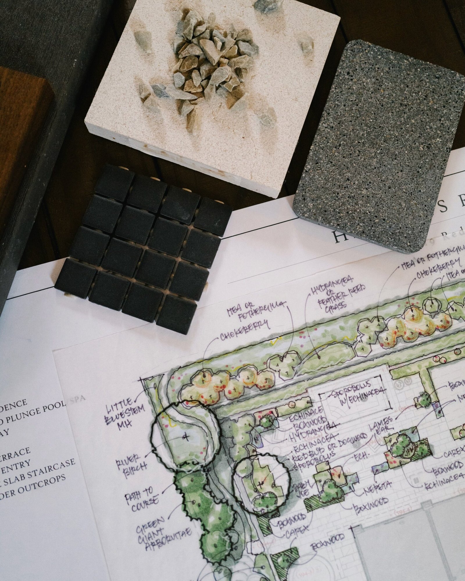 Villa renovation planning with architectural drawing and material samples in Phuket