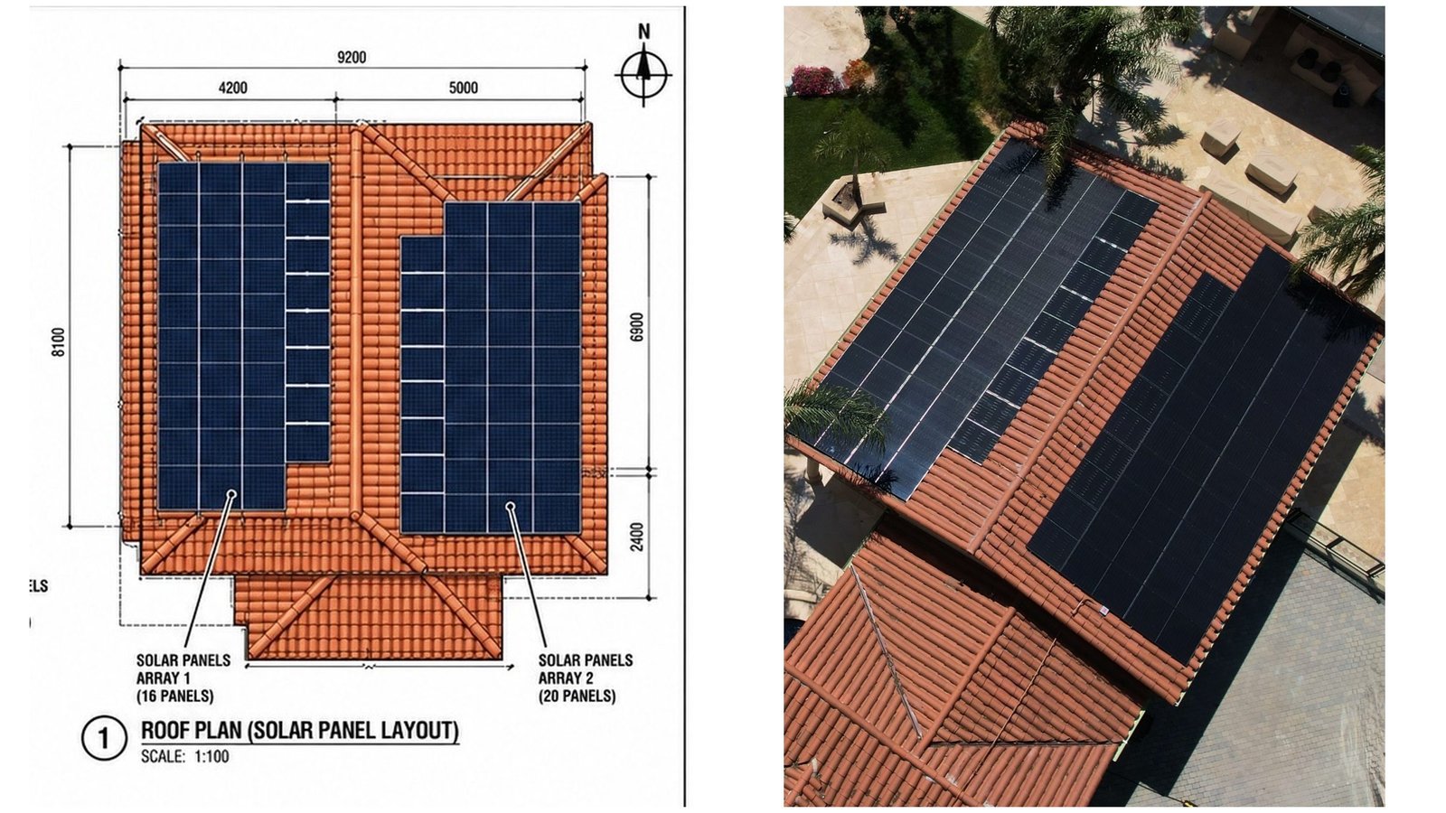 Solar panels installed on a tiled villa roof in Phuket, showing a custom rooftop solar energy system.