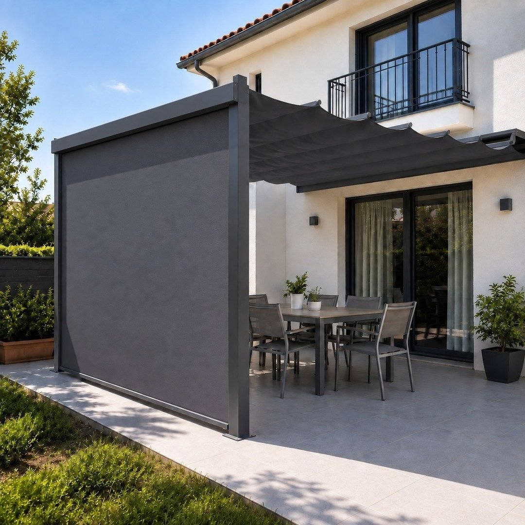 Modern villa patio with a dark retractable awning above an outdoor dining area